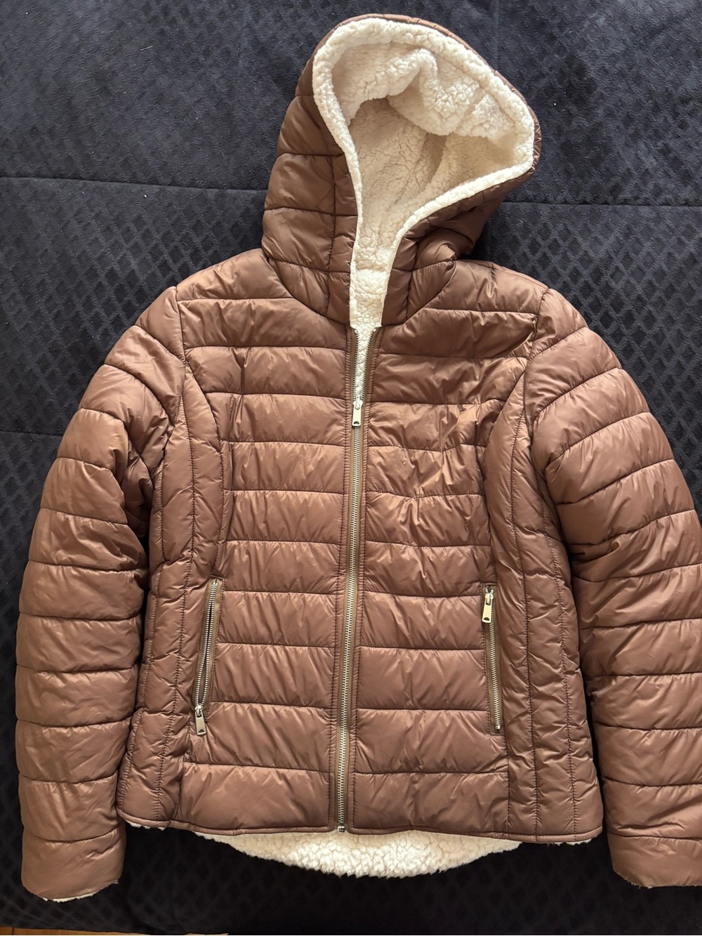 Women's Brown Hooded Puffer Jacket with Sherpa Lining